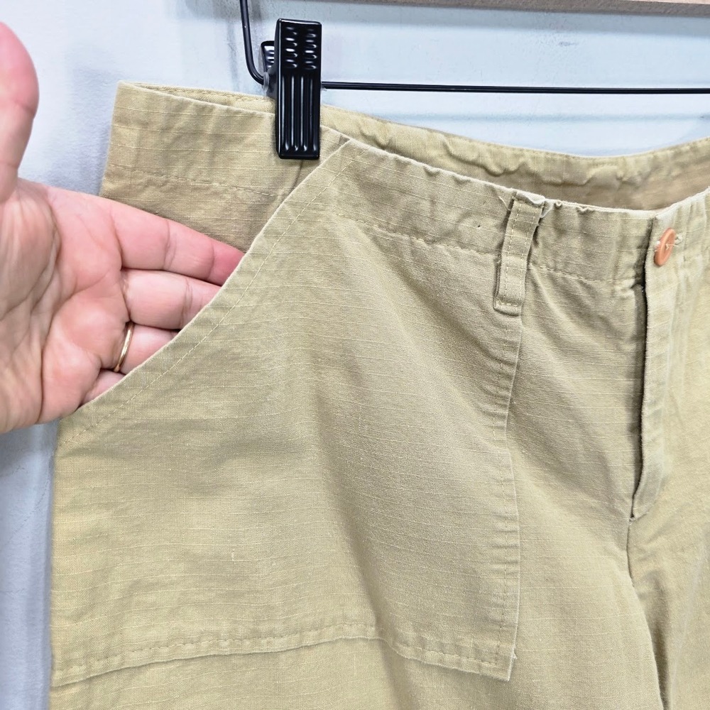 Vintage Y2K Cargo Capri Pants L 34X21 Tan Mid Rise Ripstop Parachute Tie Balloon - Picture 2 of 11